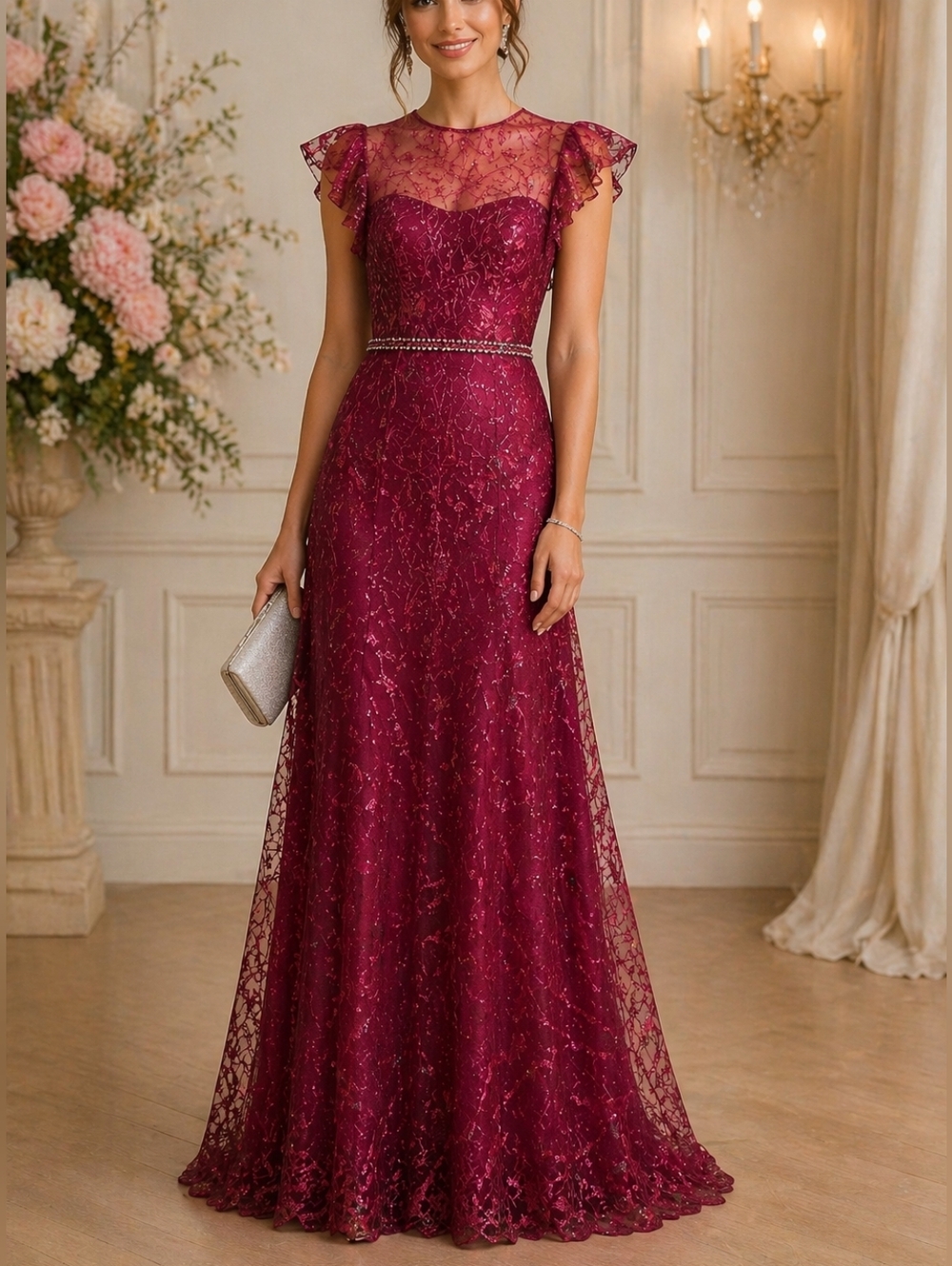 Mac Duggal Burgundy Lace Maxi Dress with Sheer Cap Sleeves